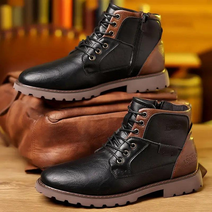 Ankle Boots Mens Lace Up Side Zip Leather Look Two Tone Lug Sole - image 2