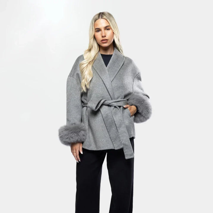 Wrap Coat Womens Faux Fur Cuffs Belted Hip Length Shawl Collar Relaxed Fit Winter - image 4