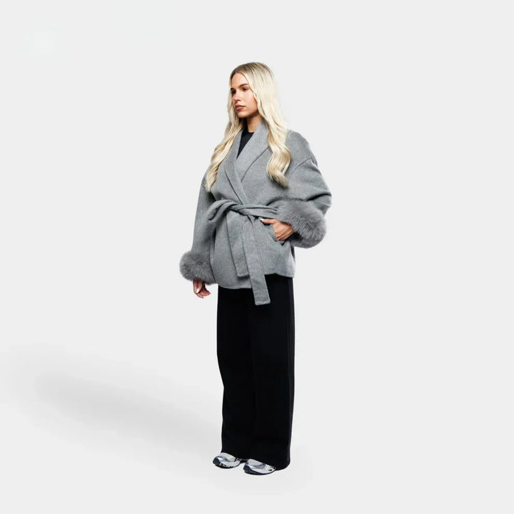 Wrap Coat Womens Faux Fur Cuffs Belted Hip Length Shawl Collar Relaxed Fit Winter - image 2
