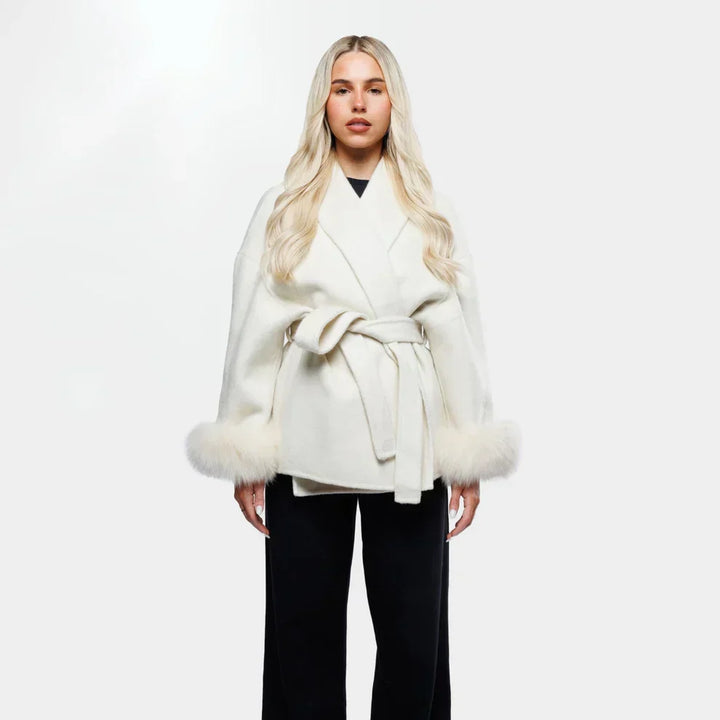 Wrap Coat Womens Faux Fur Cuffs Belted Hip Length Shawl Collar Relaxed Fit Winter - image 6
