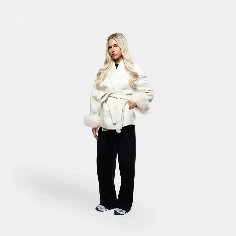 Wrap Coat Womens Faux Fur Cuffs Belted Hip Length Shawl Collar Relaxed Fit Winter - image 5