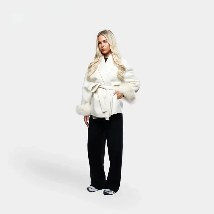 Wrap Coat Womens Faux Fur Cuffs Belted Hip Length Shawl Collar Relaxed Fit Winter - image 5