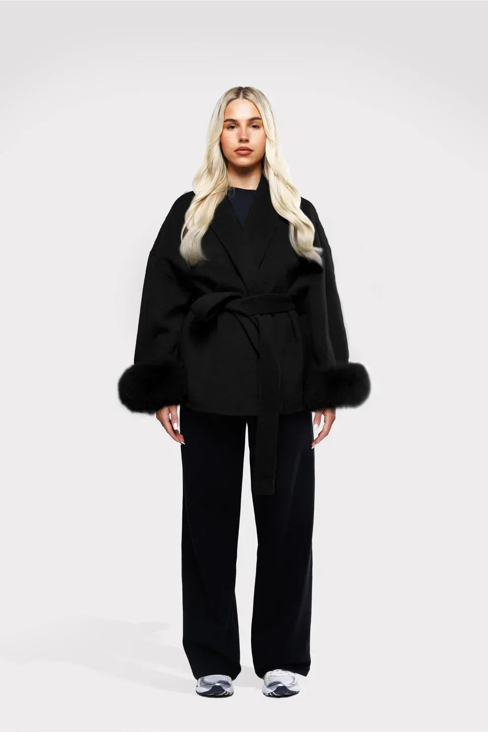 Wrap Coat Womens Faux Fur Cuffs Belted Hip Length Shawl Collar Relaxed Fit Winter - image 7