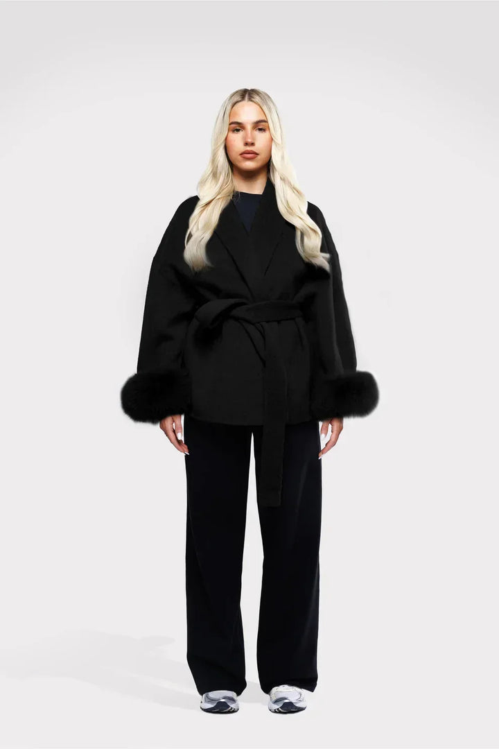 Wrap Coat Womens Faux Fur Cuffs Belted Hip Length Shawl Collar Relaxed Fit Winter - image 7