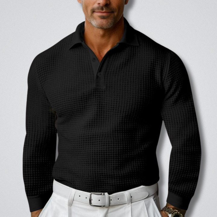 Long Sleeve Polo Shirt Mens Waffle Knit Textured Fitted Button Placket - image 3