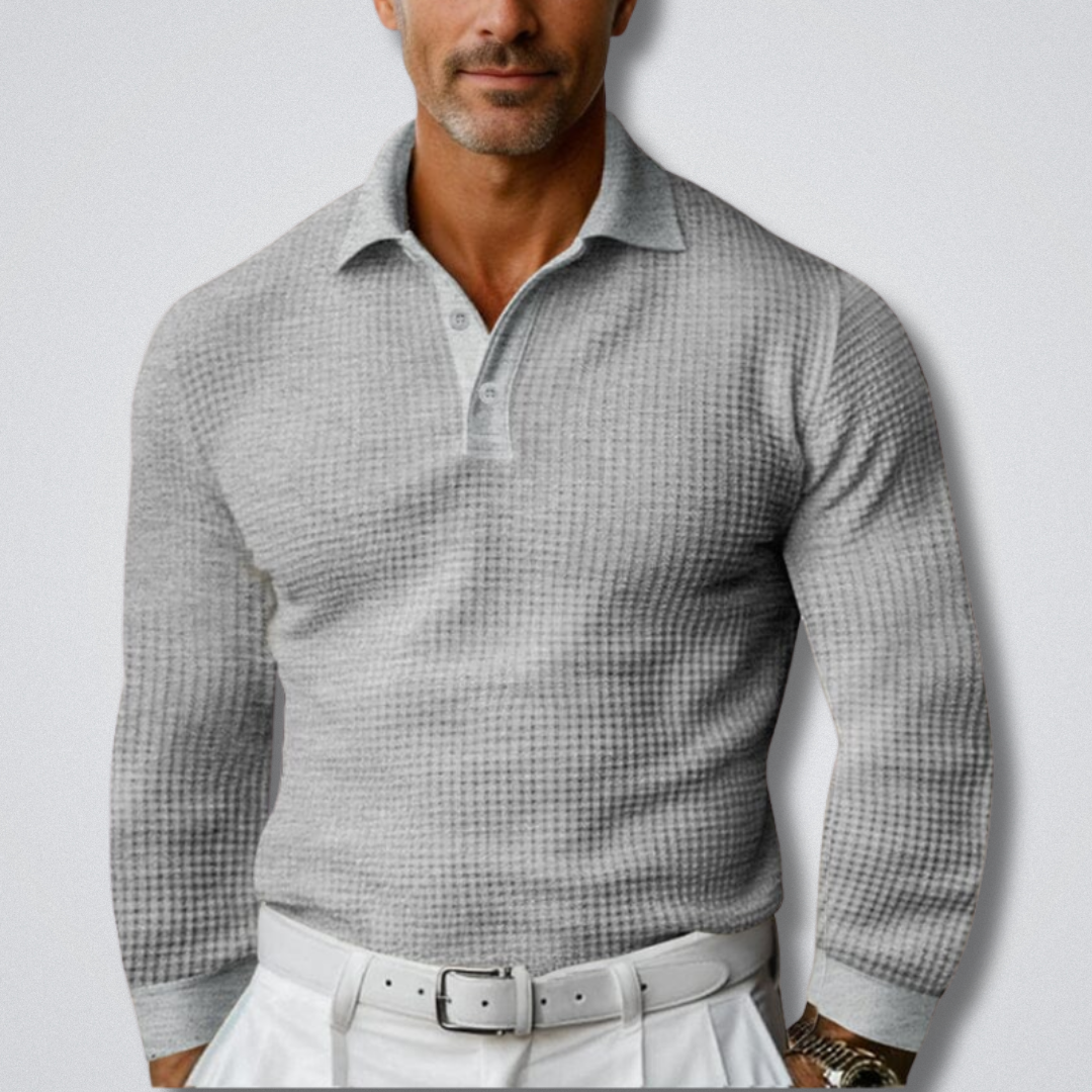 Long Sleeve Polo Shirt Mens Waffle Knit Textured Fitted Button Placket - image 1