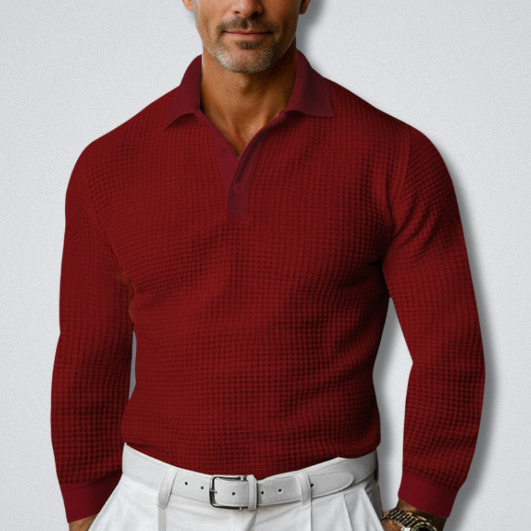 Long Sleeve Polo Shirt Mens Waffle Knit Textured Fitted Button Placket - image 5