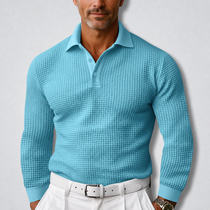 Long Sleeve Polo Shirt Mens Waffle Knit Textured Fitted Button Placket - image 4