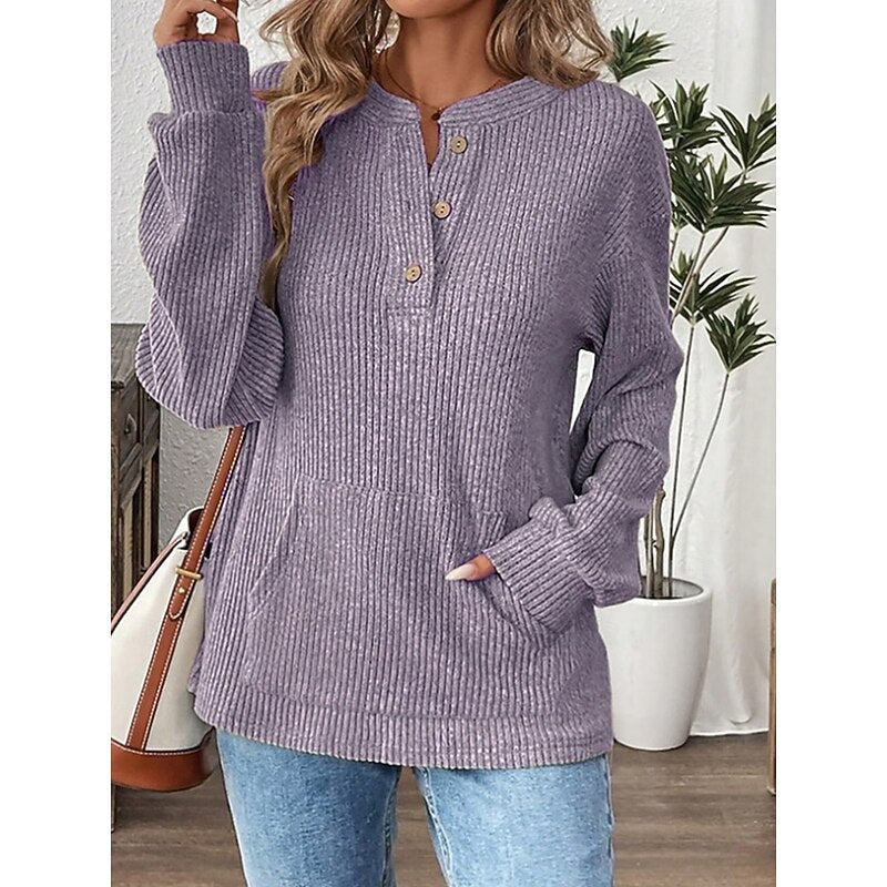 Ribbed Top Womens Henley Button Placket Pouch Pocket Long Sleeve Relaxed Fit - image 7
