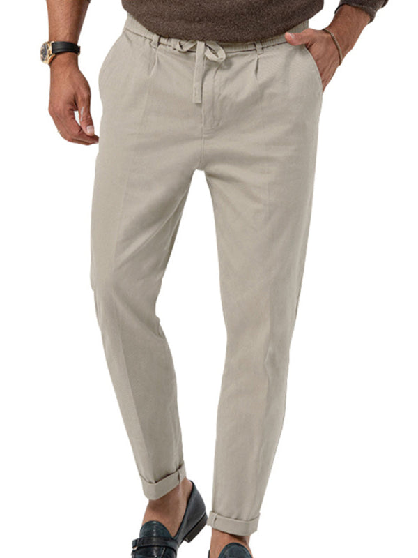 Drawstring Trousers Mens Slim Fit Tapered Leg Linen-Look Pleated Smart Casual - image 3
