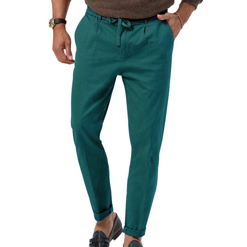 Drawstring Trousers Mens Slim Fit Tapered Leg Linen-Look Pleated Smart Casual - image 2