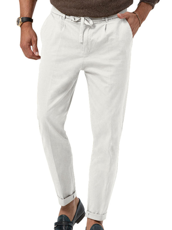 Drawstring Trousers Mens Slim Fit Tapered Leg Linen-Look Pleated Smart Casual - image 1