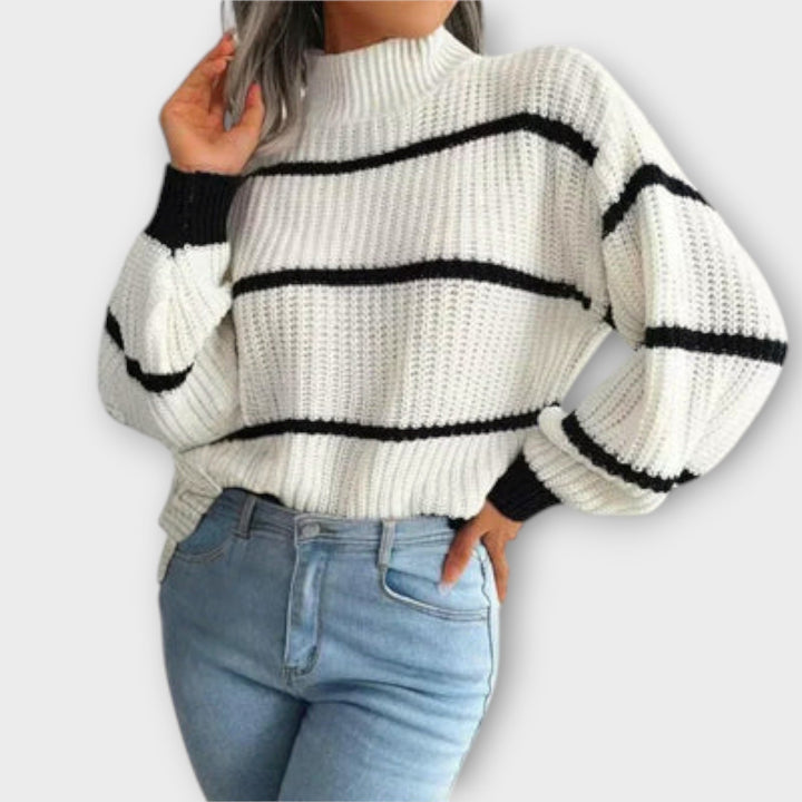 Jumper Womens Contrast Stripe High Neck Wide Sleeve Chunky Purl Knit Oversized - image 3