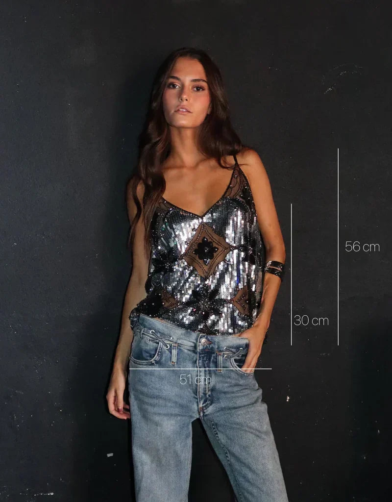 Sequin Cami Top Womens V Neck Sheer Mesh Beaded Floral Embellished Spaghetti Strap Party - image 4