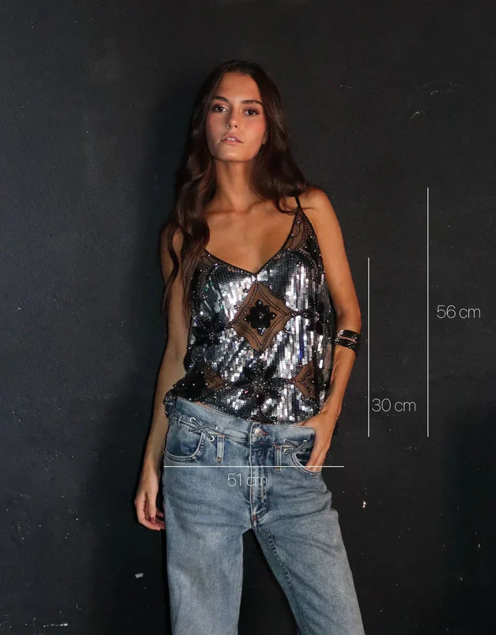 Sequin Cami Top Womens V Neck Sheer Mesh Beaded Floral Embellished Spaghetti Strap Party - image 4