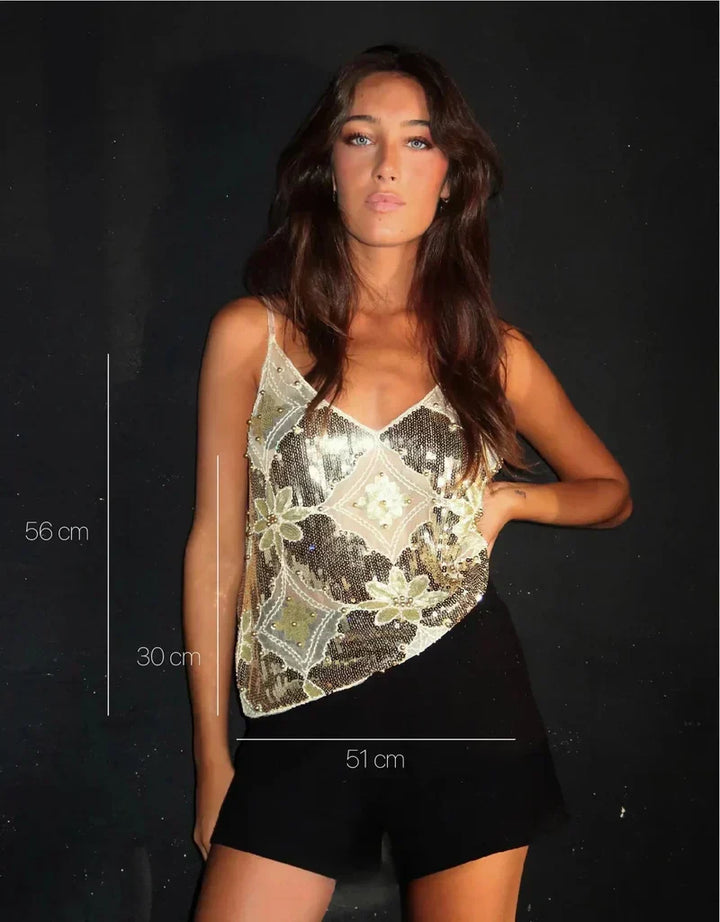Sequin Cami Top Womens V Neck Sheer Mesh Beaded Floral Embellished Spaghetti Strap Party - image 7