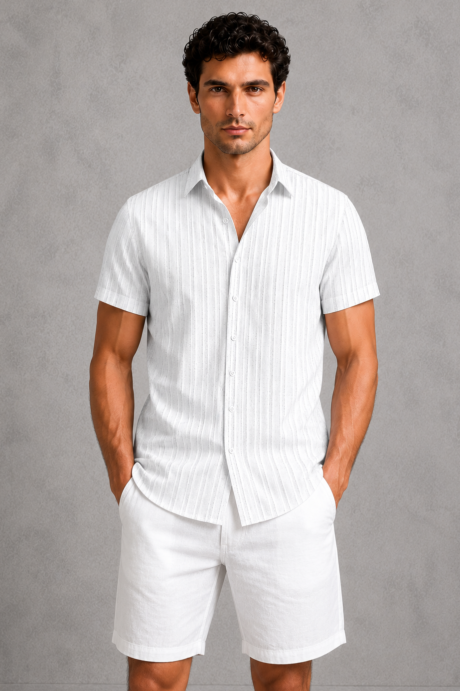 Short Sleeve Shirt Mens Textured Stripe Cotton Blend Button Up Relaxed Fit Holiday - image 1