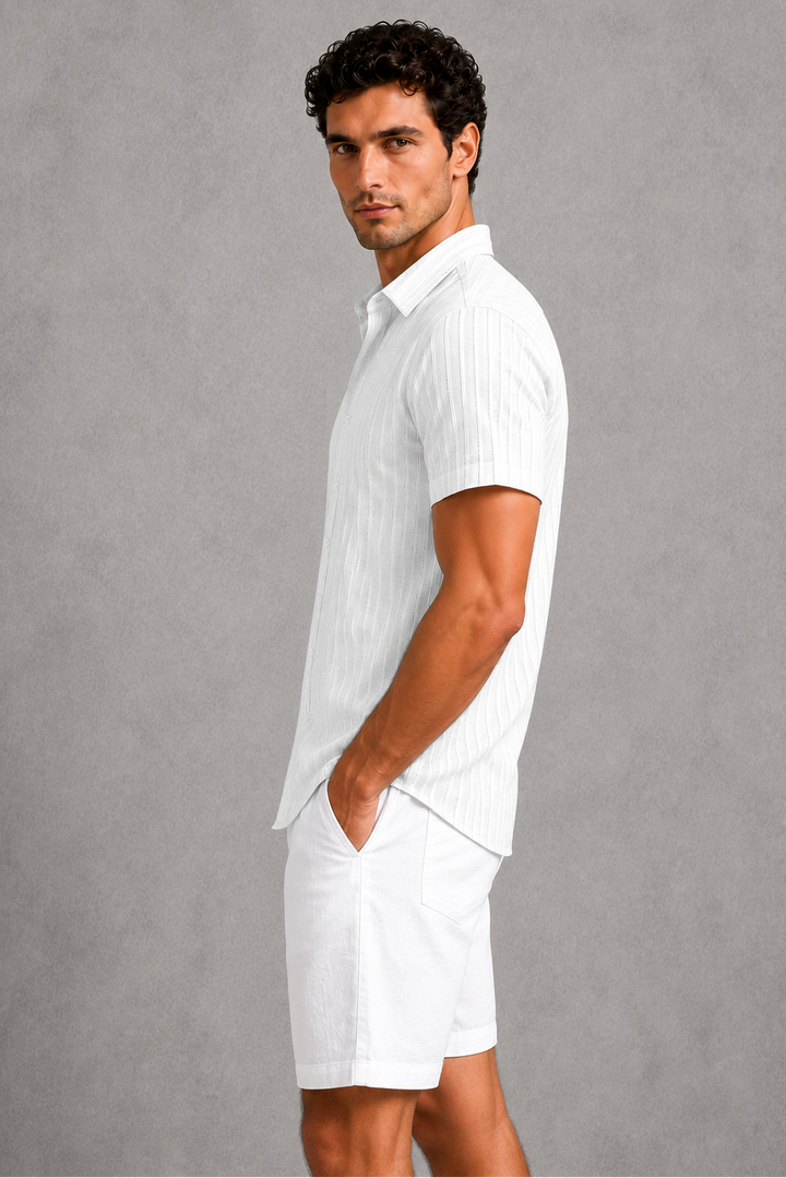 Short Sleeve Shirt Mens Textured Stripe Cotton Blend Button Up Relaxed Fit Holiday - image 3