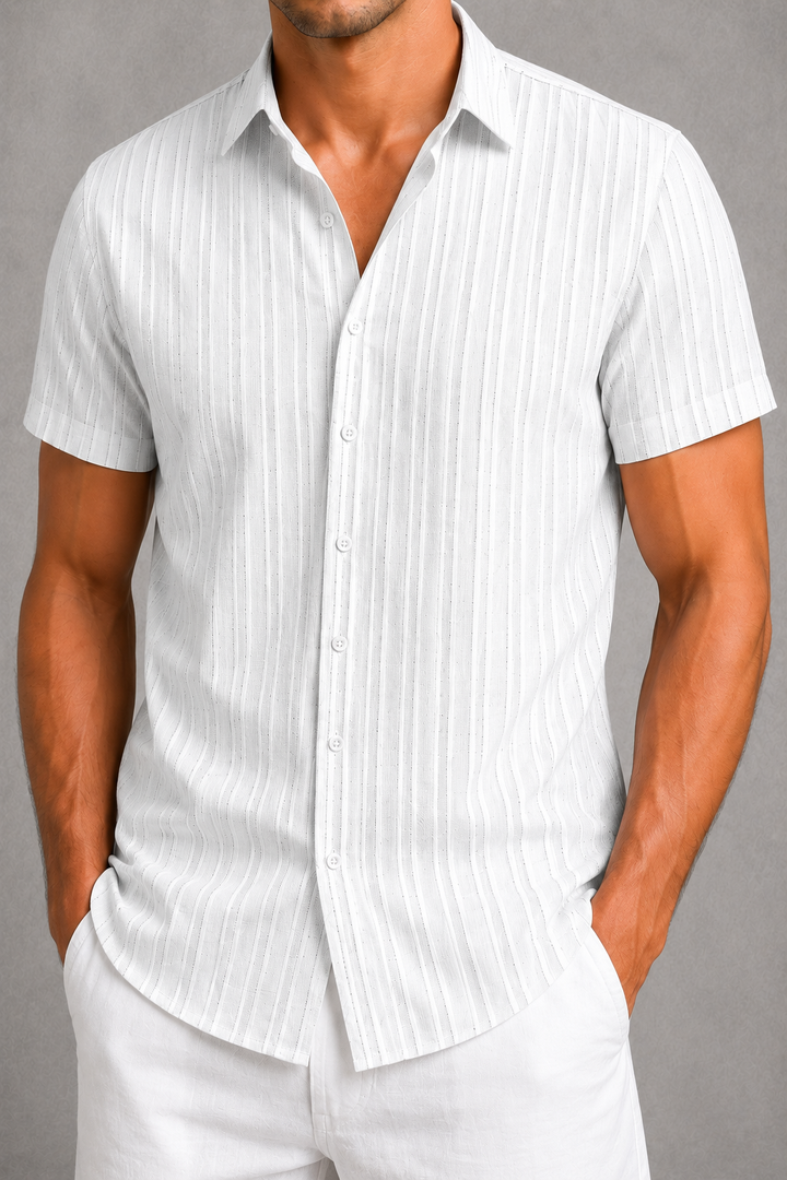 Short Sleeve Shirt Mens Textured Stripe Cotton Blend Button Up Relaxed Fit Holiday - image 4