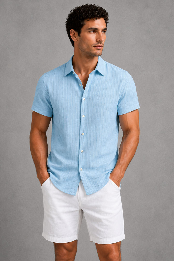 Short Sleeve Shirt Mens Textured Stripe Cotton Blend Button Up Relaxed Fit Holiday - image 5