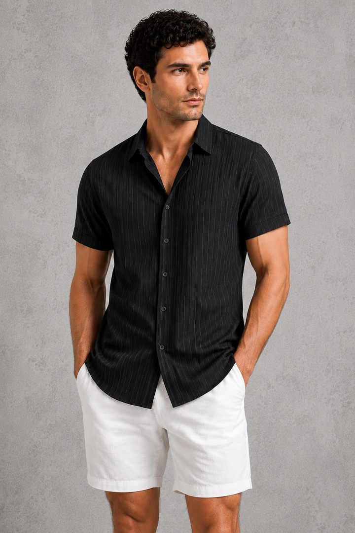 Short Sleeve Shirt Mens Textured Stripe Cotton Blend Button Up Relaxed Fit Holiday - image 7