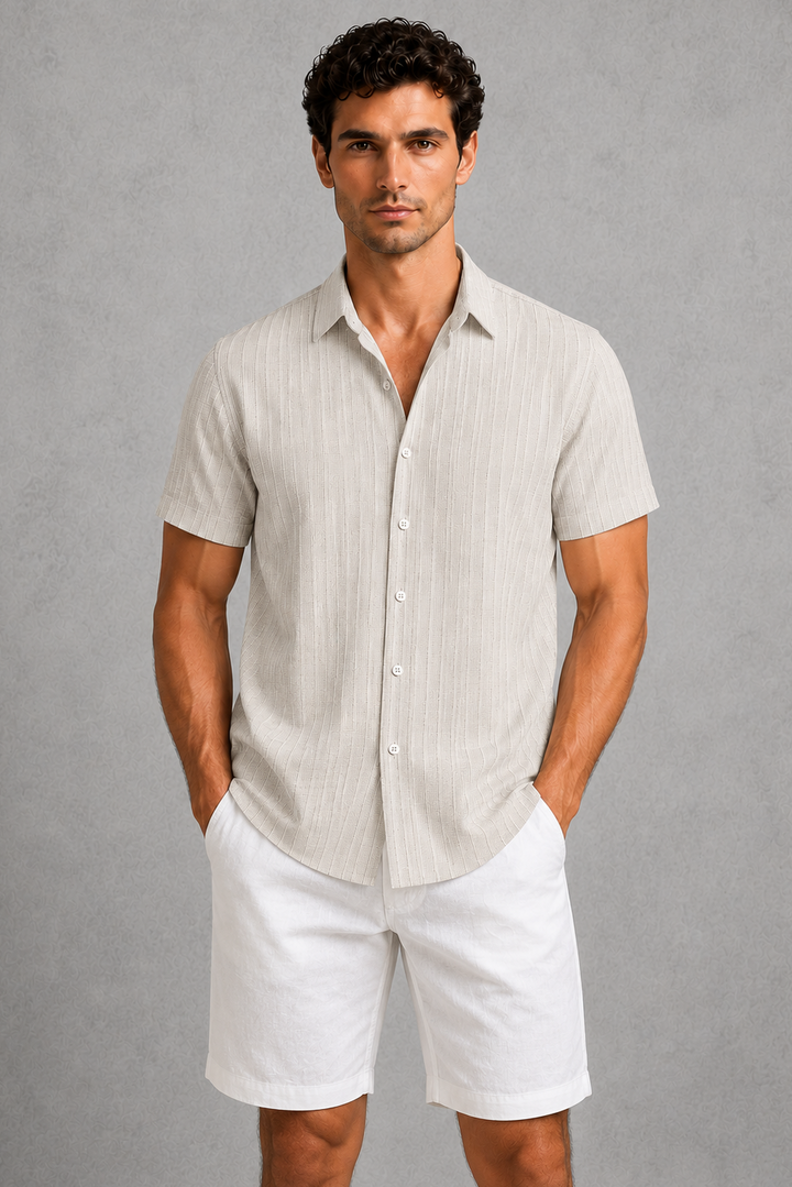 Short Sleeve Shirt Mens Textured Stripe Cotton Blend Button Up Relaxed Fit Holiday - image 8
