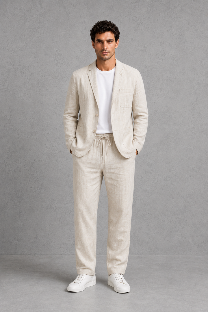 Linen Look Suit Mens Two Piece Blazer Drawstring Trousers Relaxed Fit Holiday Wedding - image 1