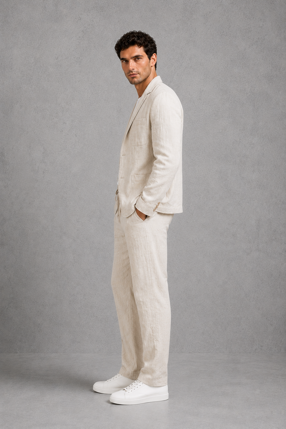 Linen Look Suit Mens Two Piece Blazer Drawstring Trousers Relaxed Fit Holiday Wedding - image 2