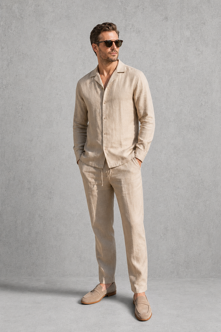Co Ord Set Mens Cuban Collar Shirt Linen Look Drawstring Trousers Long Sleeve Resort Party - image 1