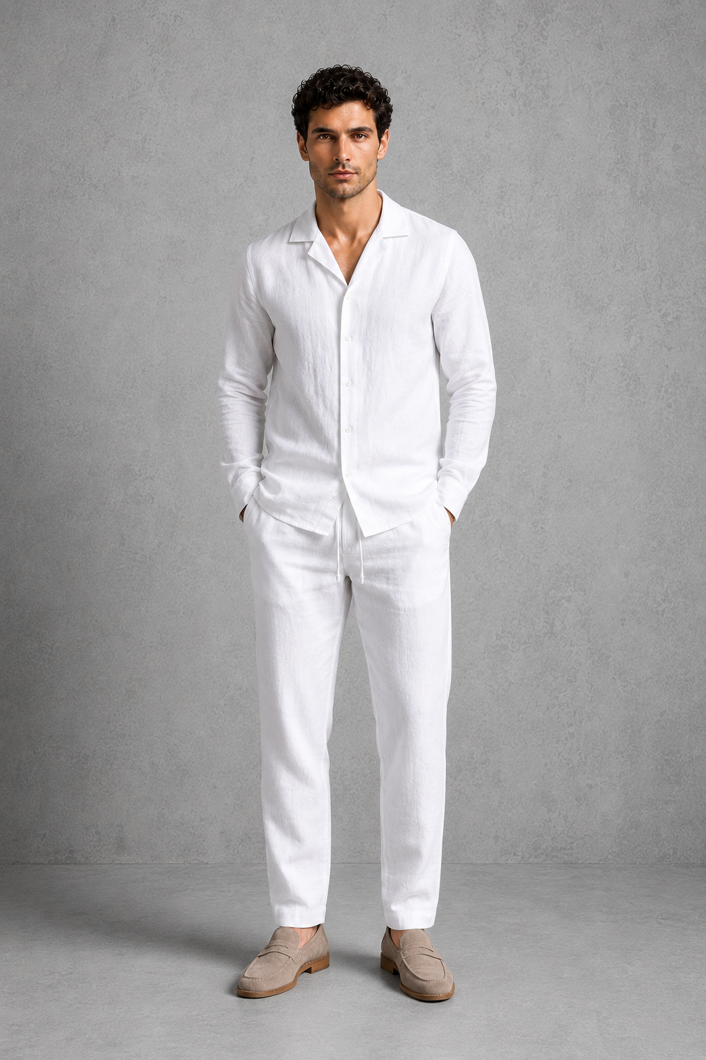 Co Ord Set Mens Cuban Collar Shirt Linen Look Drawstring Trousers Long Sleeve Resort Party - image 2
