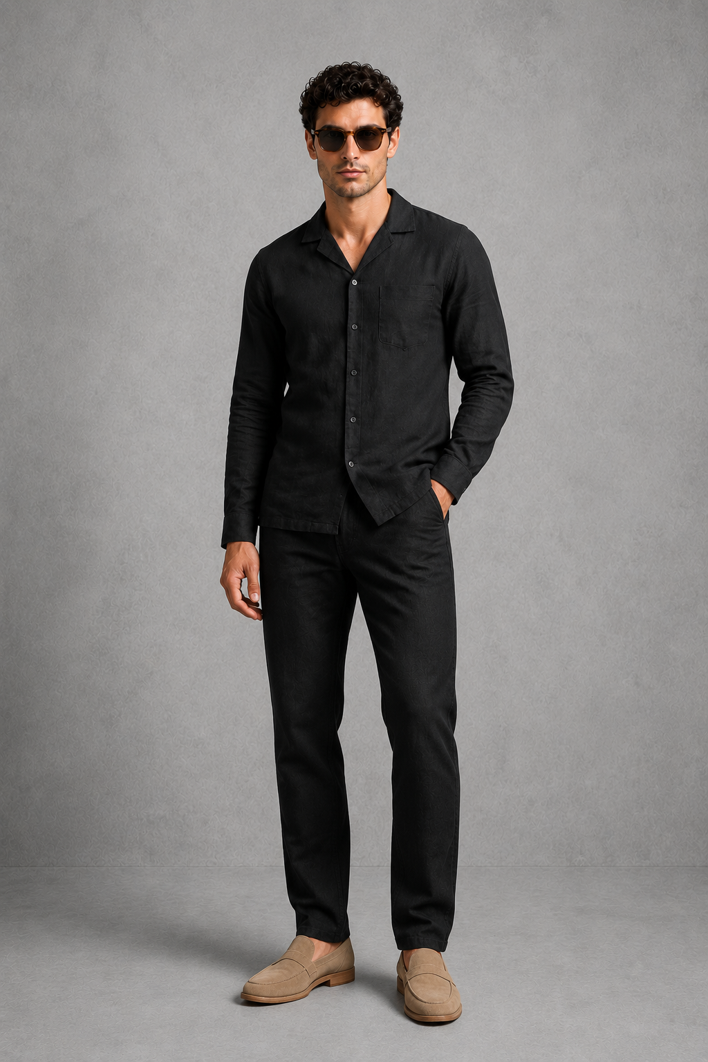 Co Ord Set Mens Cuban Collar Shirt Linen Look Drawstring Trousers Long Sleeve Resort Party - image 3