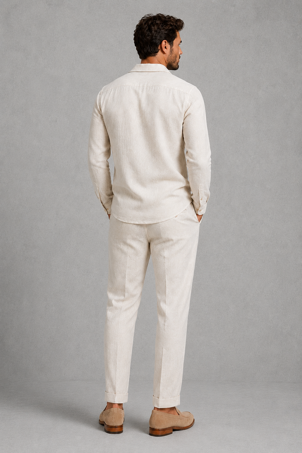 Co Ord Set Mens Linen Look Shirt Straight Leg Trousers Open Collar Long Sleeve Holiday - image 2