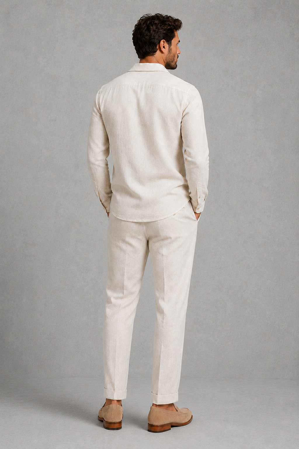 Co Ord Set Mens Linen Look Shirt Straight Leg Trousers Open Collar Long Sleeve Holiday - image 2
