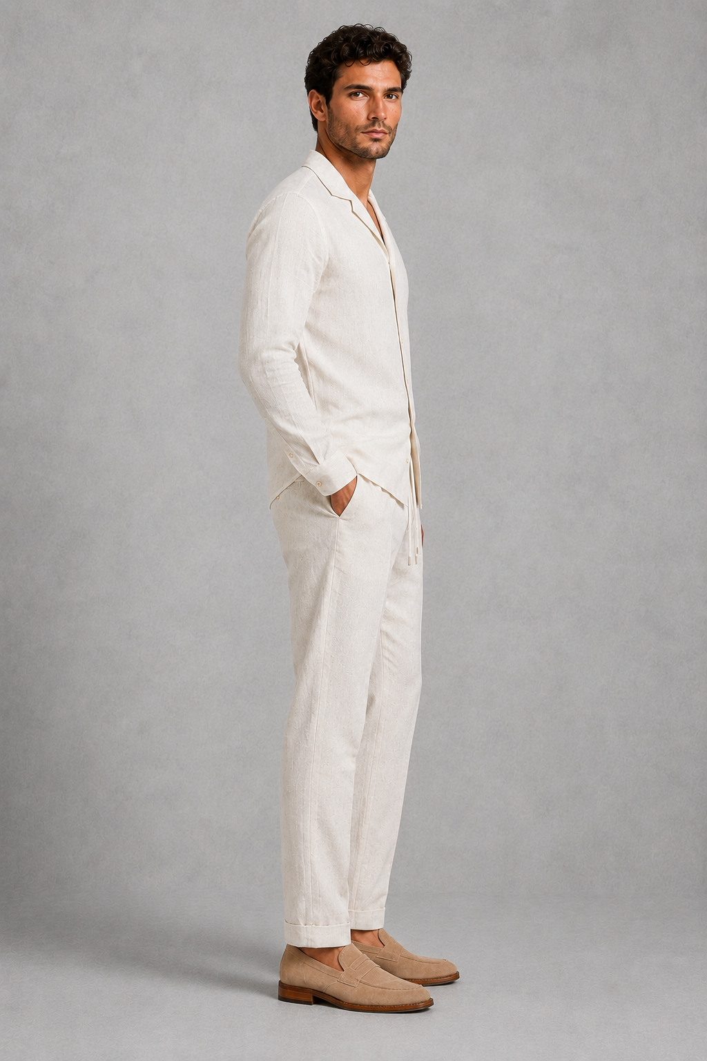 Co Ord Set Mens Linen Look Shirt Straight Leg Trousers Open Collar Long Sleeve Holiday - image 3