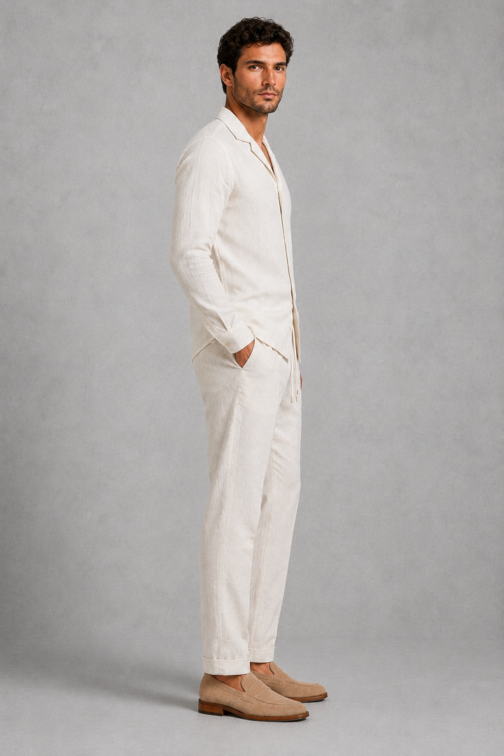 Co Ord Set Mens Linen Look Shirt Straight Leg Trousers Open Collar Long Sleeve Holiday - image 3