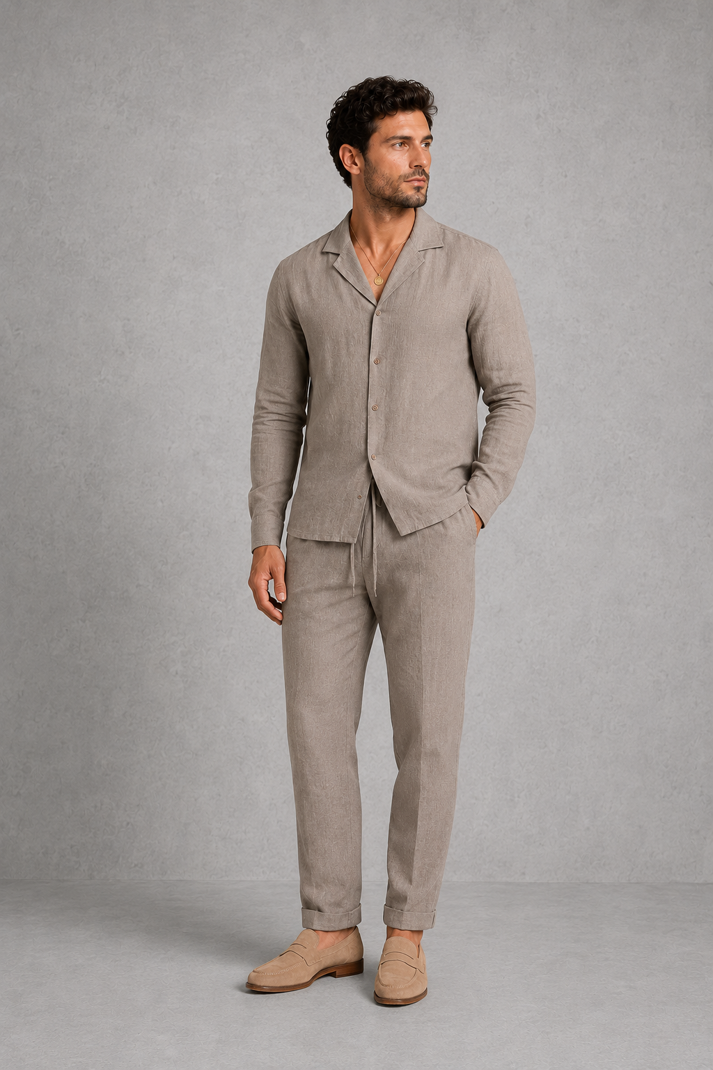 Co Ord Set Mens Linen Look Shirt Straight Leg Trousers Open Collar Long Sleeve Holiday - image 5