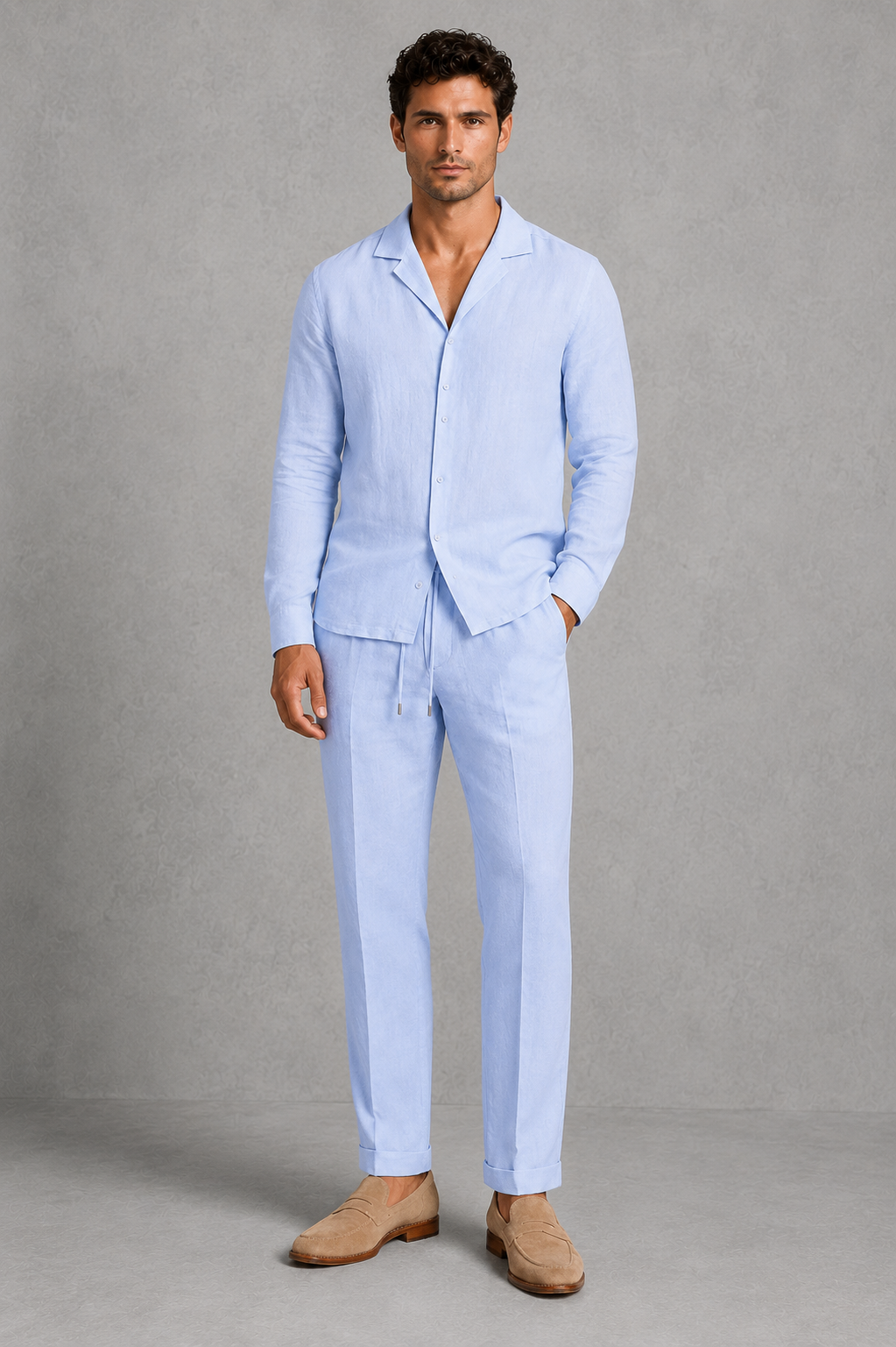 Co Ord Set Mens Linen Look Shirt Straight Leg Trousers Open Collar Long Sleeve Holiday - image 6