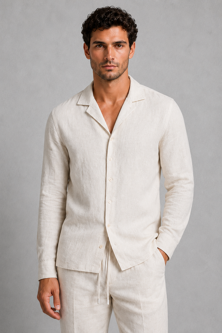 Co Ord Set Mens Linen Look Shirt Straight Leg Trousers Open Collar Long Sleeve Holiday - image 4