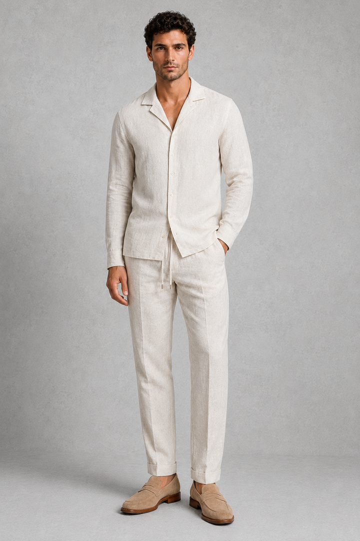 Co Ord Set Mens Linen Look Shirt Straight Leg Trousers Open Collar Long Sleeve Holiday - image 1