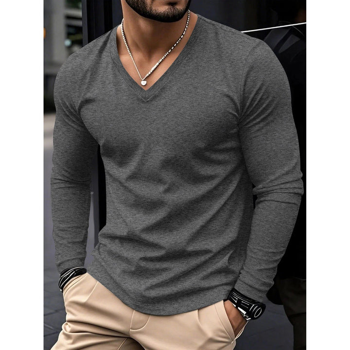 Long Sleeve T Shirt Mens V Neck Stretch Jersey Plain Casual Layering - image 1