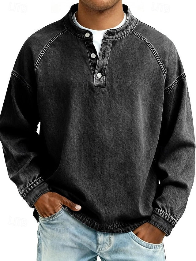 Henley Sweatshirt Mens Washed Finish Raglan Sleeve Button Band Collar Relaxed Fit - image 2