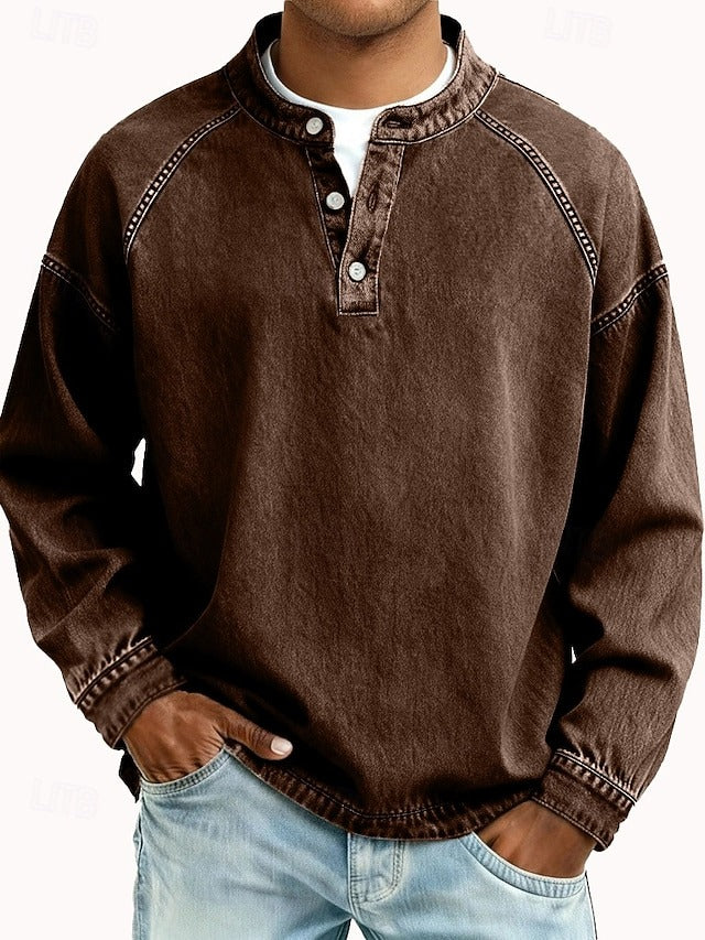 Henley Sweatshirt Mens Washed Finish Raglan Sleeve Button Band Collar Relaxed Fit - image 8