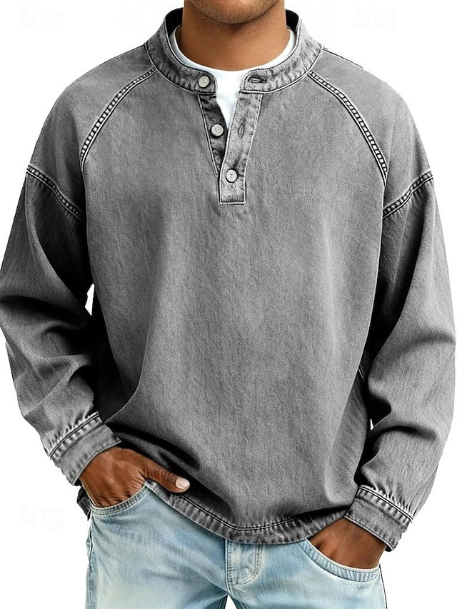 Henley Sweatshirt Mens Washed Finish Raglan Sleeve Button Band Collar Relaxed Fit - image 1