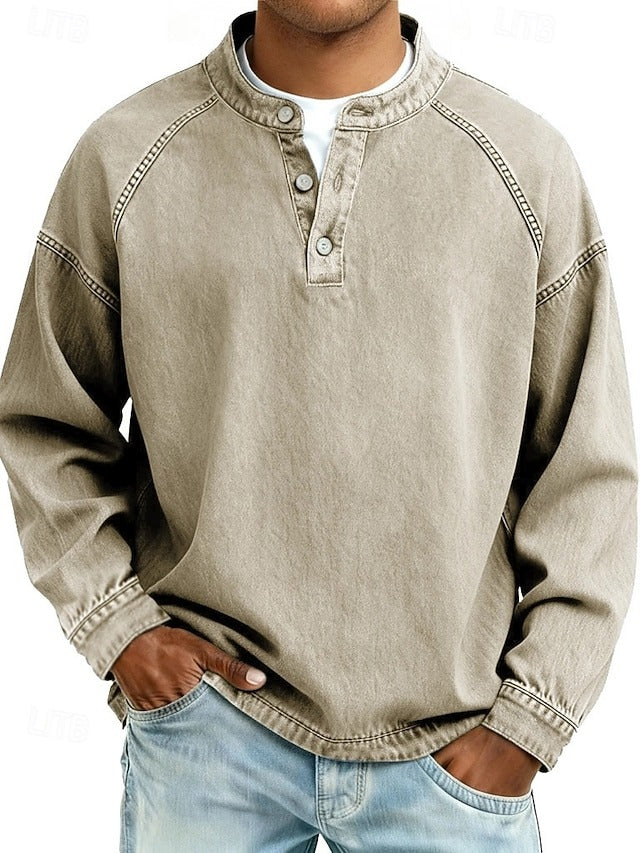Henley Sweatshirt Mens Washed Finish Raglan Sleeve Button Band Collar Relaxed Fit - image 5