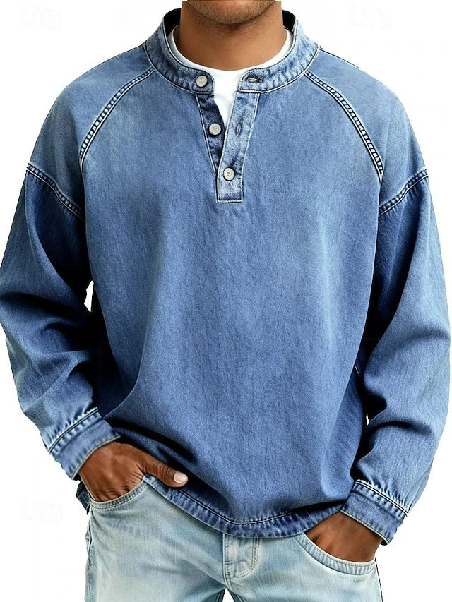 Henley Sweatshirt Mens Washed Finish Raglan Sleeve Button Band Collar Relaxed Fit - image 3