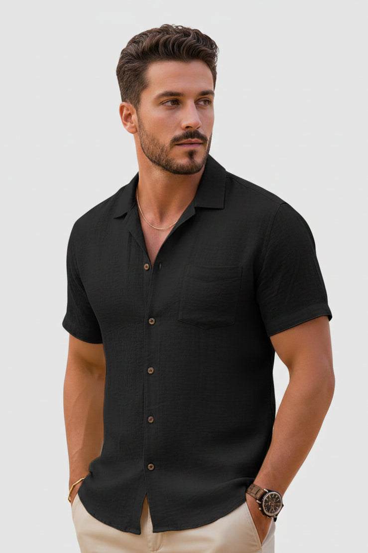 Cuban Collar Shirt Mens Short Sleeve Textured Relaxed Fit Button Front Resort Party - image 1