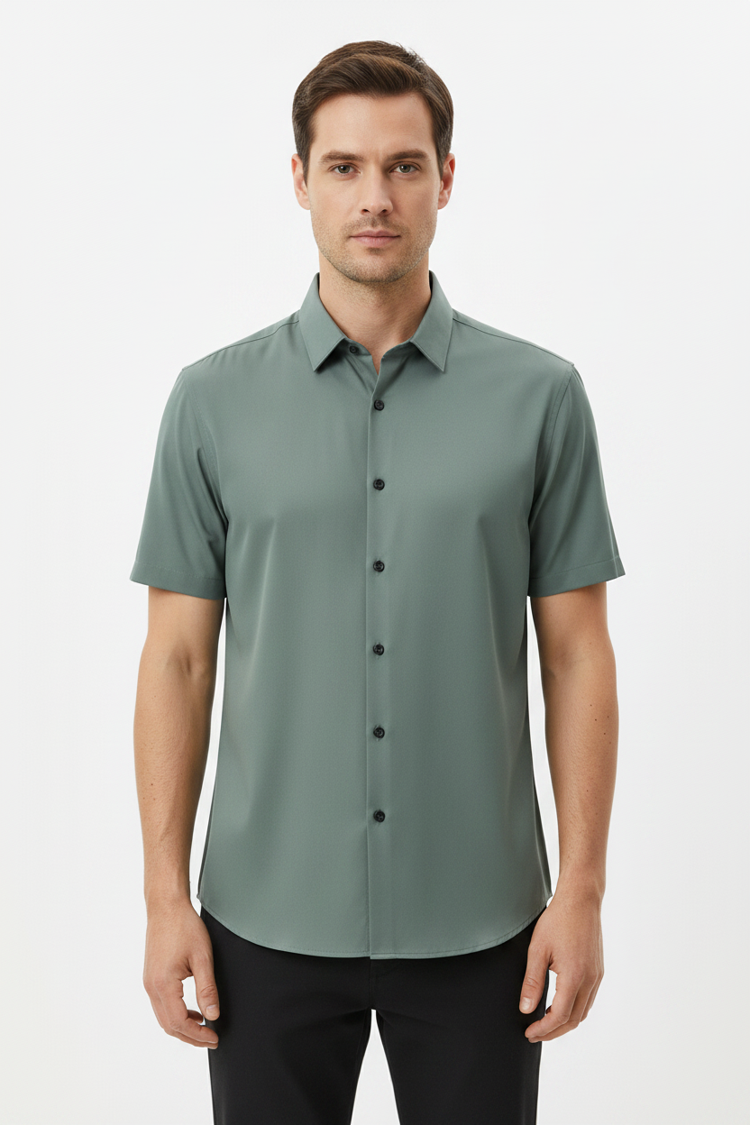 Party Shirt Mens Short Sleeve Satin Feel Smooth Lightweight Regular Fit Point Collar Holiday - image 1