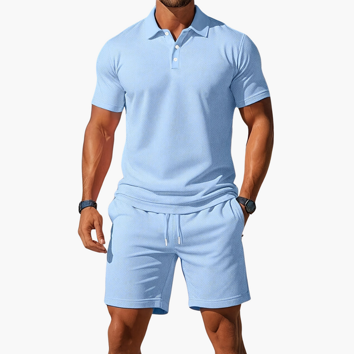 Co Ord Set Mens Polo Shirt Drawstring Shorts Waffle Texture Short Sleeve Holiday - image 1