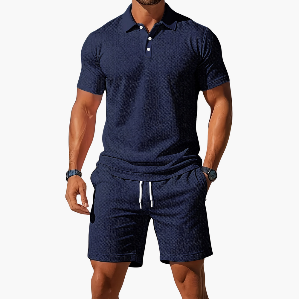 Co Ord Set Mens Polo Shirt Drawstring Shorts Waffle Texture Short Sleeve Holiday - image 2