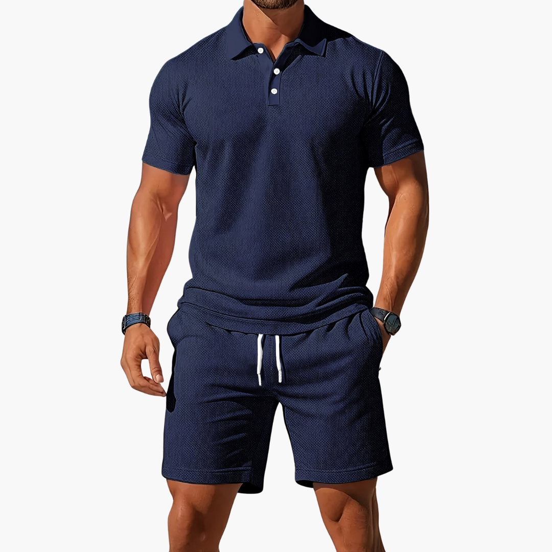 Co Ord Set Mens Polo Shirt Drawstring Shorts Waffle Texture Short Sleeve Holiday - image 2